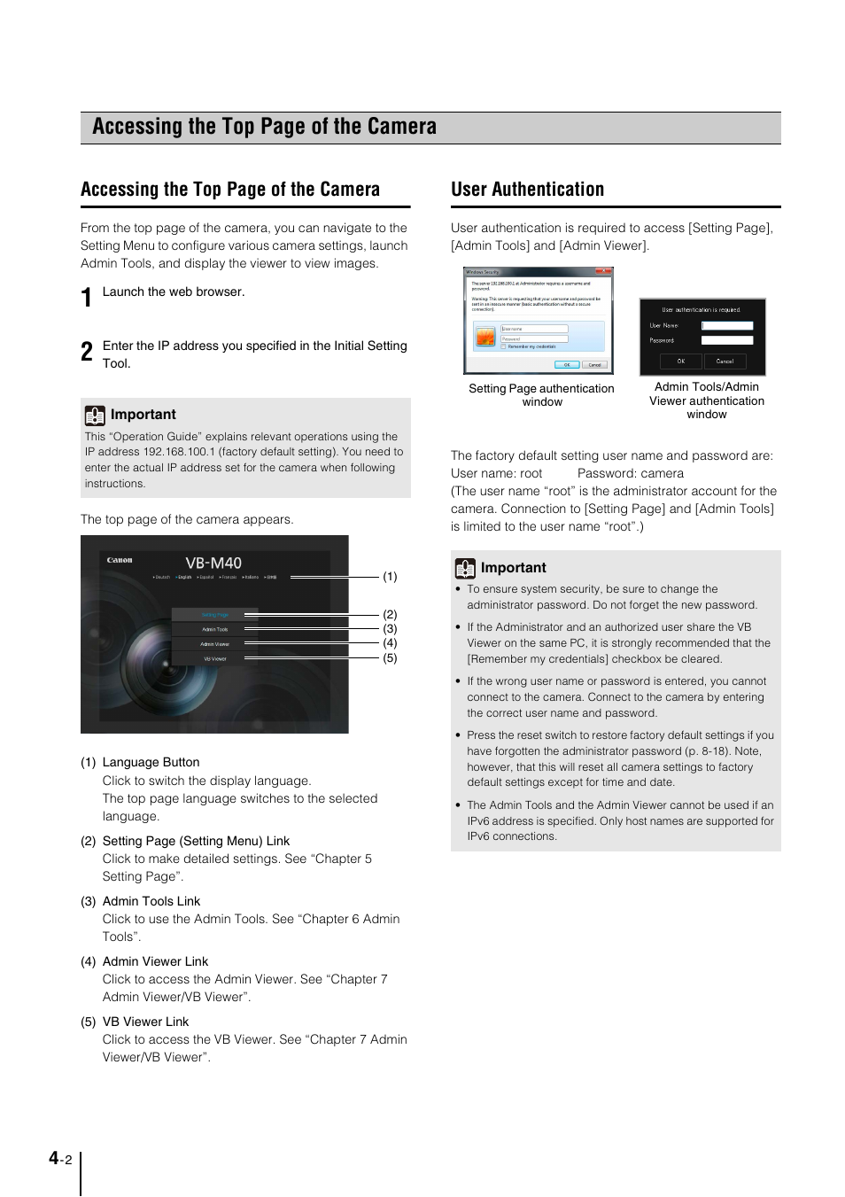 User authentication, User authentication -2, Accessing the top page of the camera | Canon VB-M600VE User Manual | Page 44 / 159