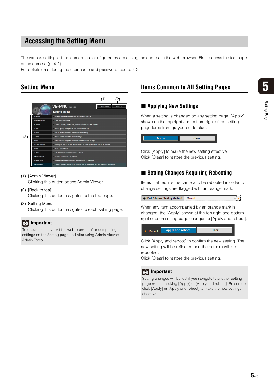 Accessing the setting menu, Setting menu, Accessing the setting menu -3 | Setting menu -3, Items common to all setting pages, Applying new settings, Setting changes requiring rebooting | Canon VB-M600VE User Manual | Page 47 / 159