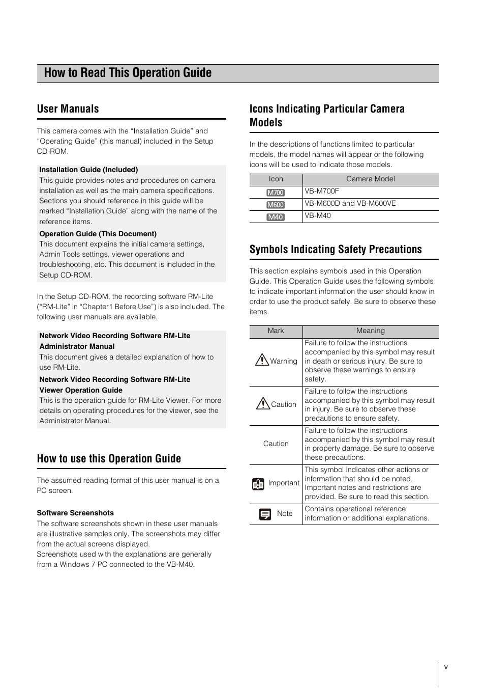 How to read this operation guide, User manuals, How to use this operation guide | Icons indicating particular camera models, Symbols indicating safety precautions | Canon VB-M600VE User Manual | Page 5 / 159