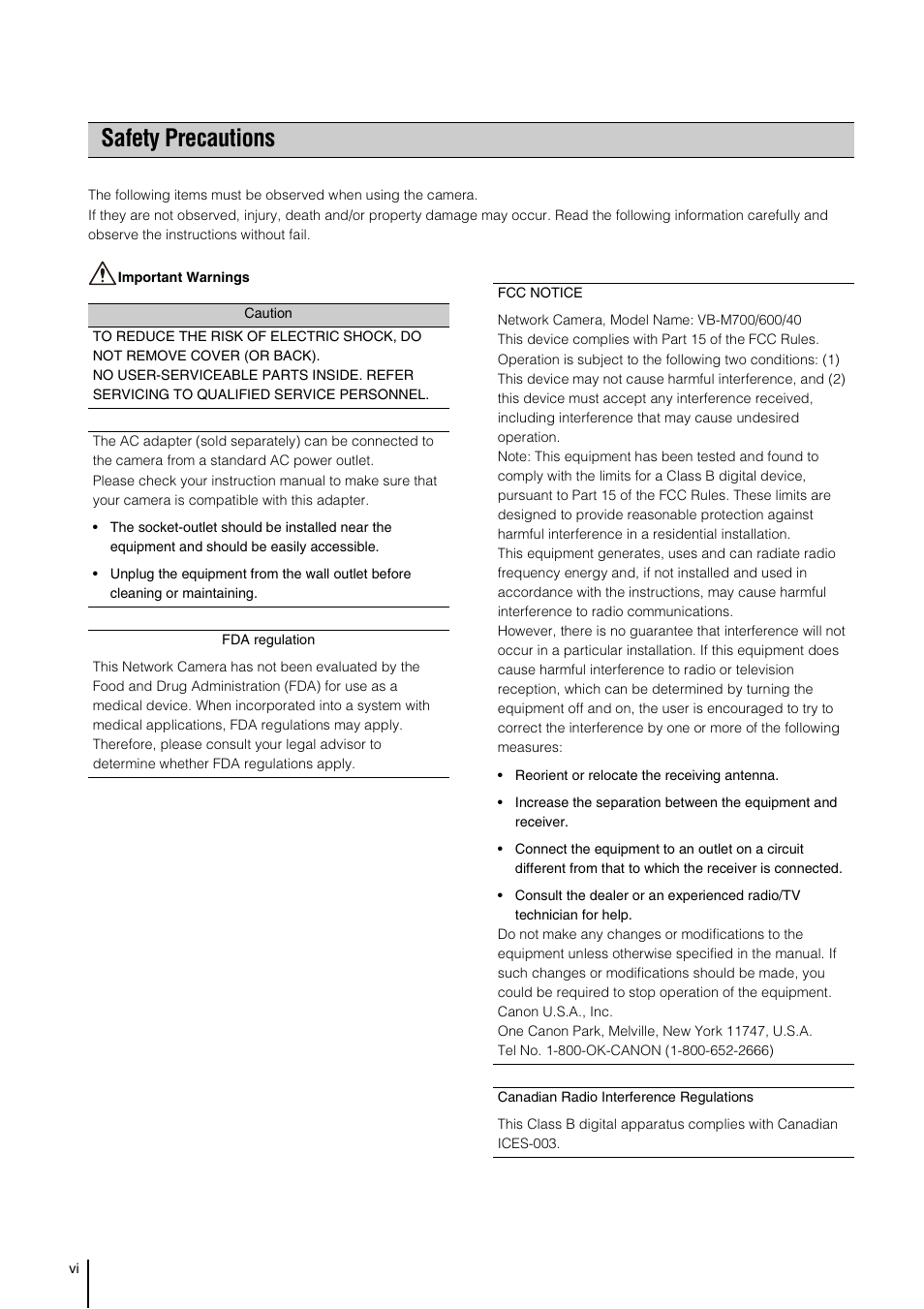 Safety precautions | Canon VB-M600VE User Manual | Page 6 / 159