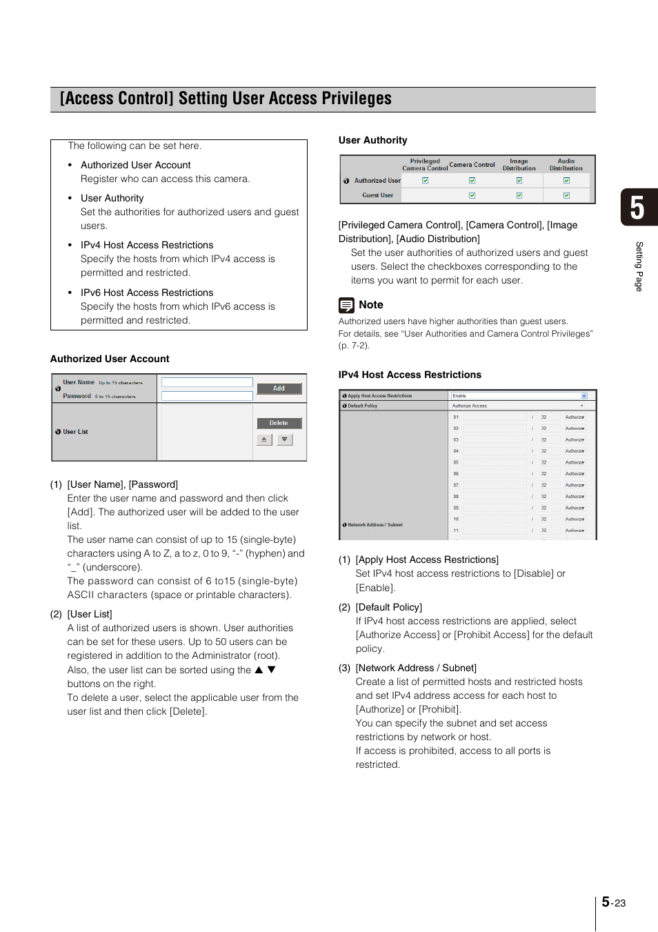 Access control] setting user access privileges, Access control] setting user access privileges -23, S (p. 5-23) | Canon VB-M600VE User Manual | Page 67 / 159
