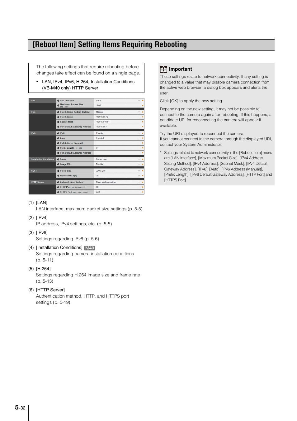 Reboot item] setting items requiring rebooting, Reboot item] setting items requiring rebooting -32, P. 5-32) | In “[reboot item] setting items, Requiring rebooting” (p. 5-32) | Canon VB-M600VE User Manual | Page 76 / 159