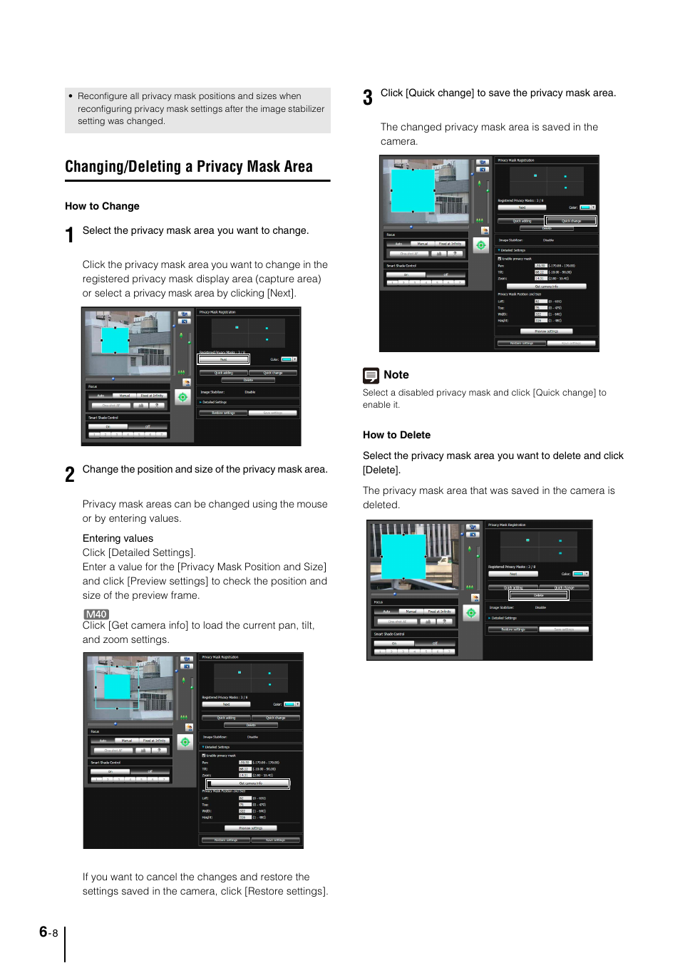 Changing/deleting a privacy mask area, Changing/deleting a privacy mask area -8 | Canon VB-M600VE User Manual | Page 86 / 159