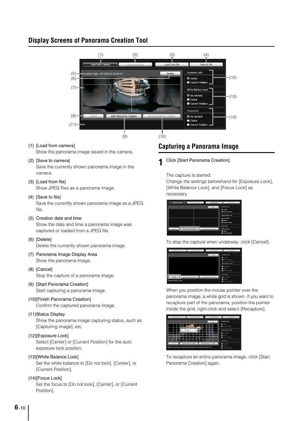 Display screens of panorama creation tool, Capturing a panorama image, Display screens of panorama creation tool -10 | Capturing a panorama image -10 | Canon VB-M600VE User Manual | Page 88 / 159