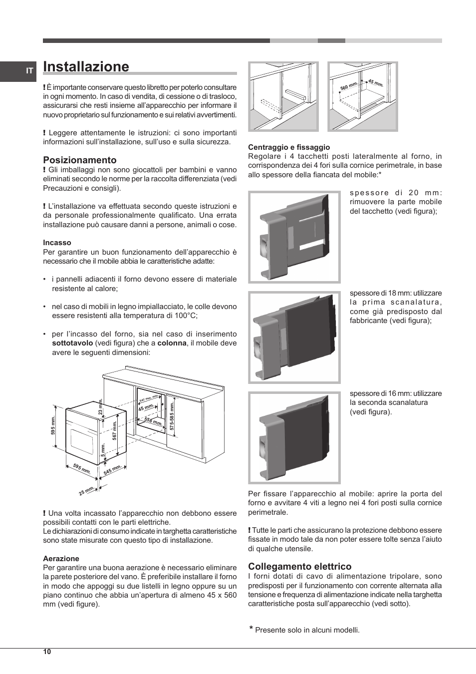 Installazione, Posizionamento, Collegamento elettrico | Hotpoint Ariston Style FH 89 P IX-HA S User Manual | Page 10 / 56