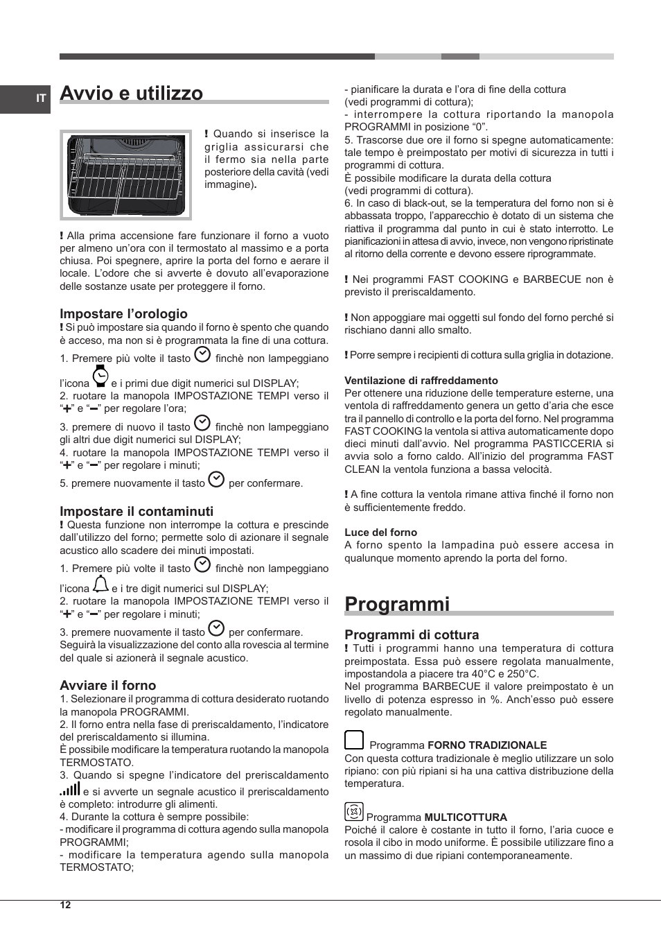 Avvio e utilizzo, Programmi, Impostare l’orologio | Impostare il contaminuti, Avviare il forno, Programmi di cottura | Hotpoint Ariston Style FH 89 P IX-HA S User Manual | Page 12 / 56