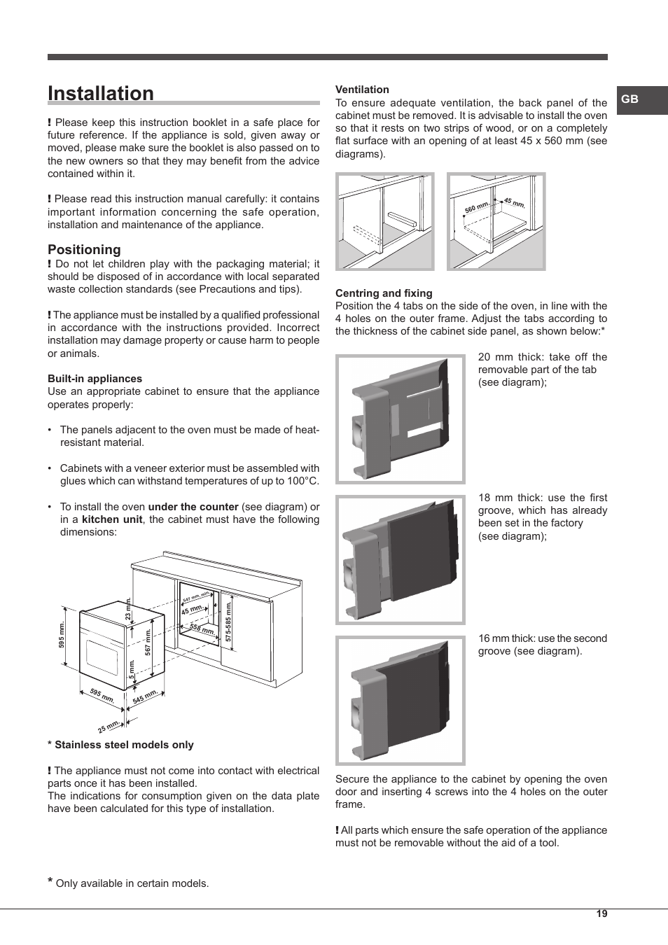 Installation, Positioning | Hotpoint Ariston Style FH 89 P IX-HA S User Manual | Page 19 / 56