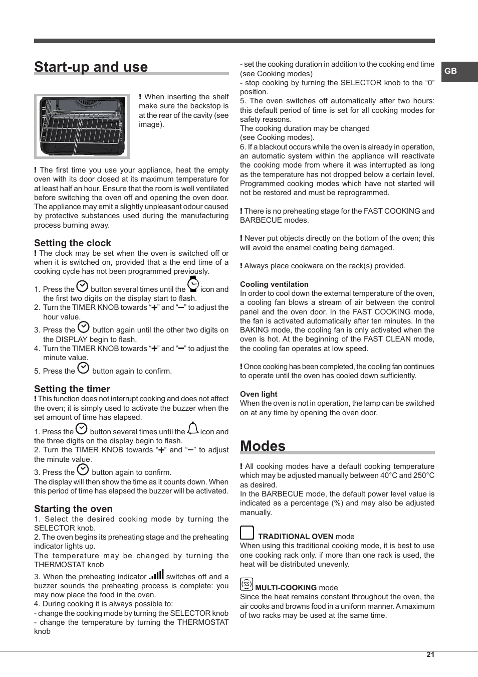 Start-up and use, Modes, Setting the clock | Setting the timer, Starting the oven | Hotpoint Ariston Style FH 89 P IX-HA S User Manual | Page 21 / 56