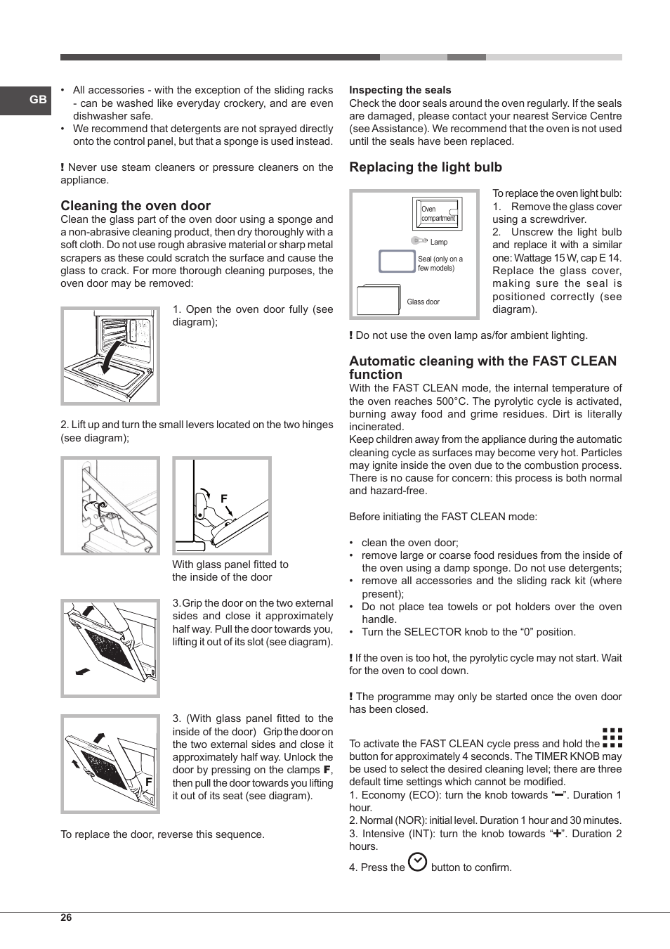 Cleaning the oven door, Replacing the light bulb, Automatic cleaning with the fast clean function | Hotpoint Ariston Style FH 89 P IX-HA S User Manual | Page 26 / 56