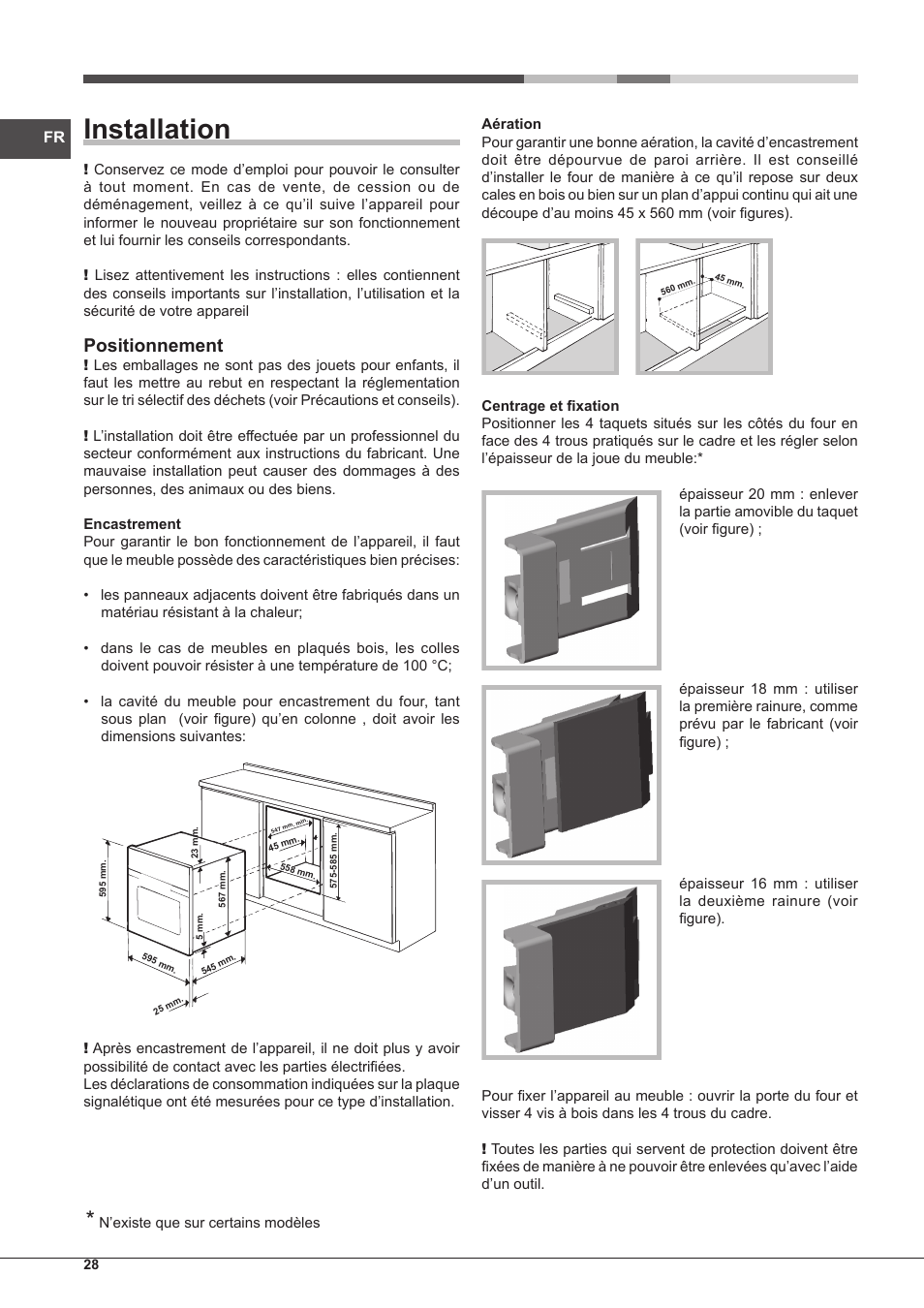 Installation, Positionnement | Hotpoint Ariston Style FH 89 P IX-HA S User Manual | Page 28 / 56
