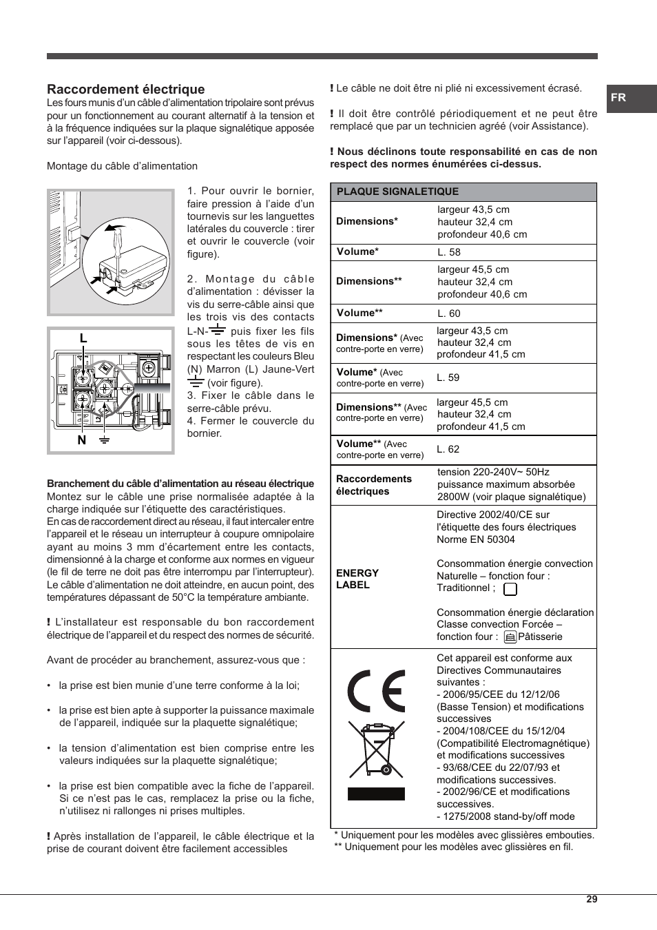 Raccordement électrique | Hotpoint Ariston Style FH 89 P IX-HA S User Manual | Page 29 / 56