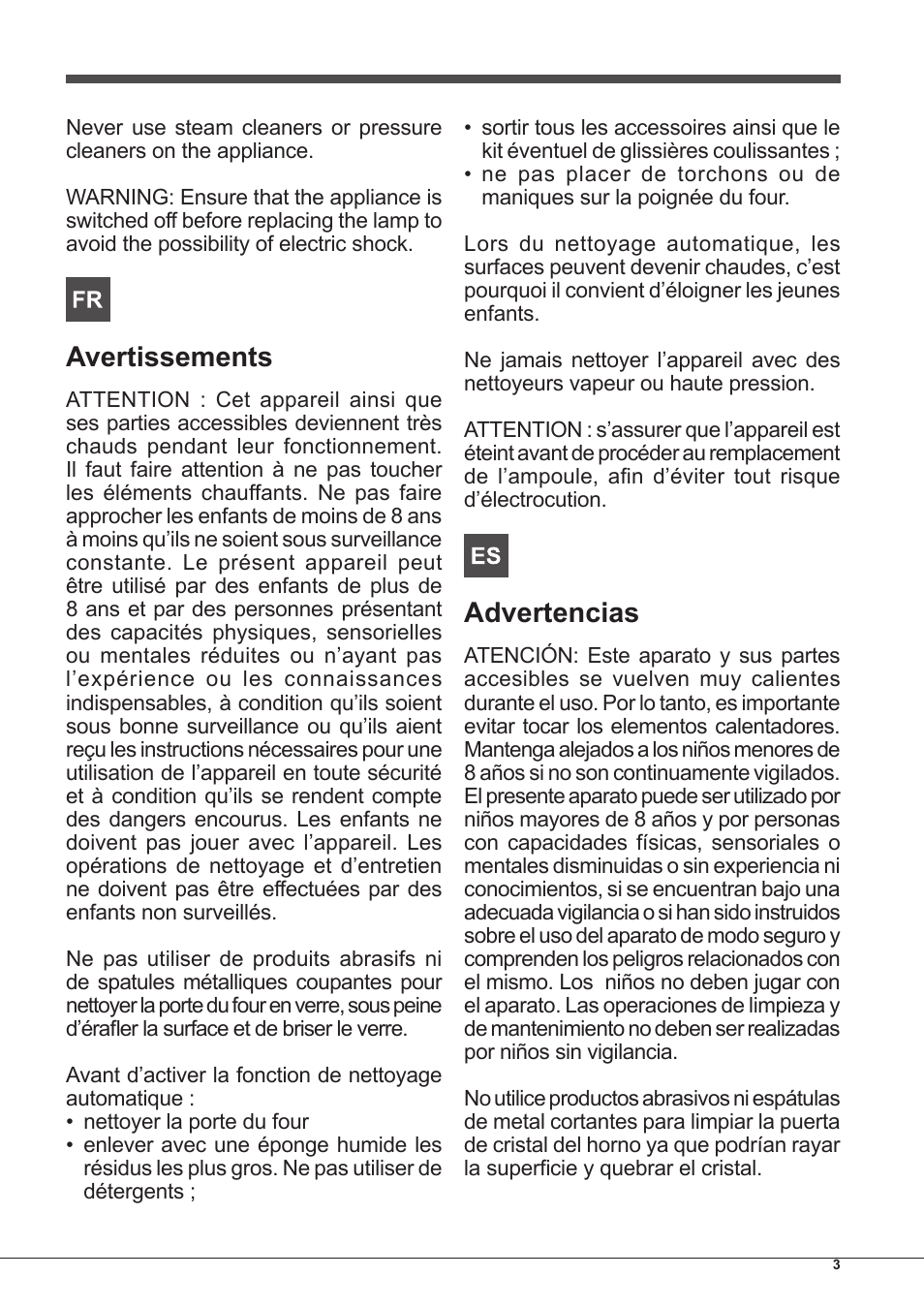 Avertissements, Advertencias | Hotpoint Ariston Style FH 89 P IX-HA S User Manual | Page 3 / 56