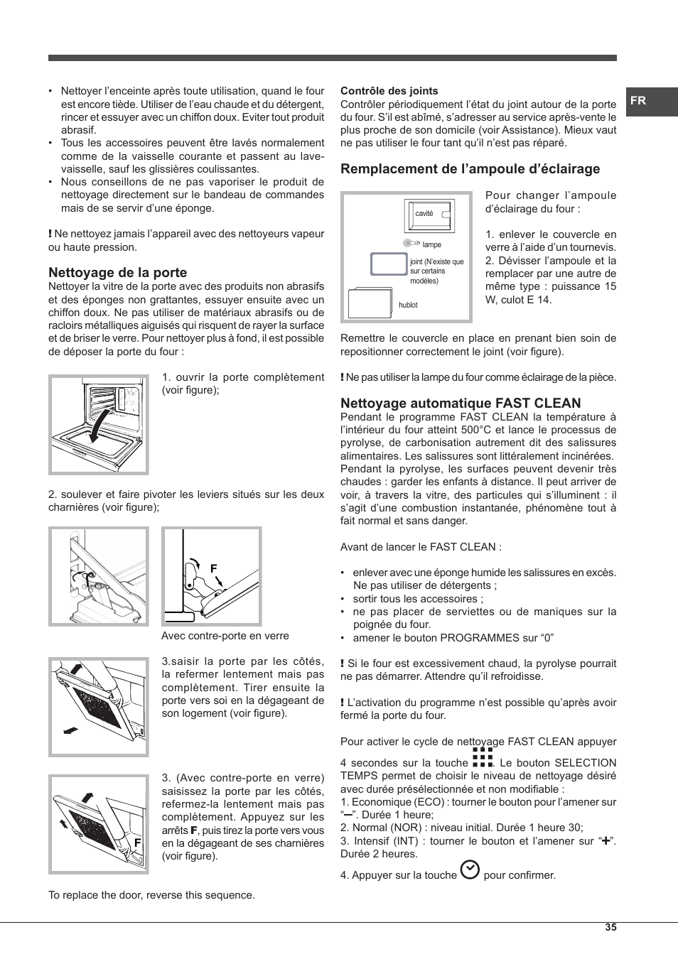 Nettoyage de la porte, Remplacement de l’ampoule d’éclairage, Nettoyage automatique fast clean | Hotpoint Ariston Style FH 89 P IX-HA S User Manual | Page 35 / 56