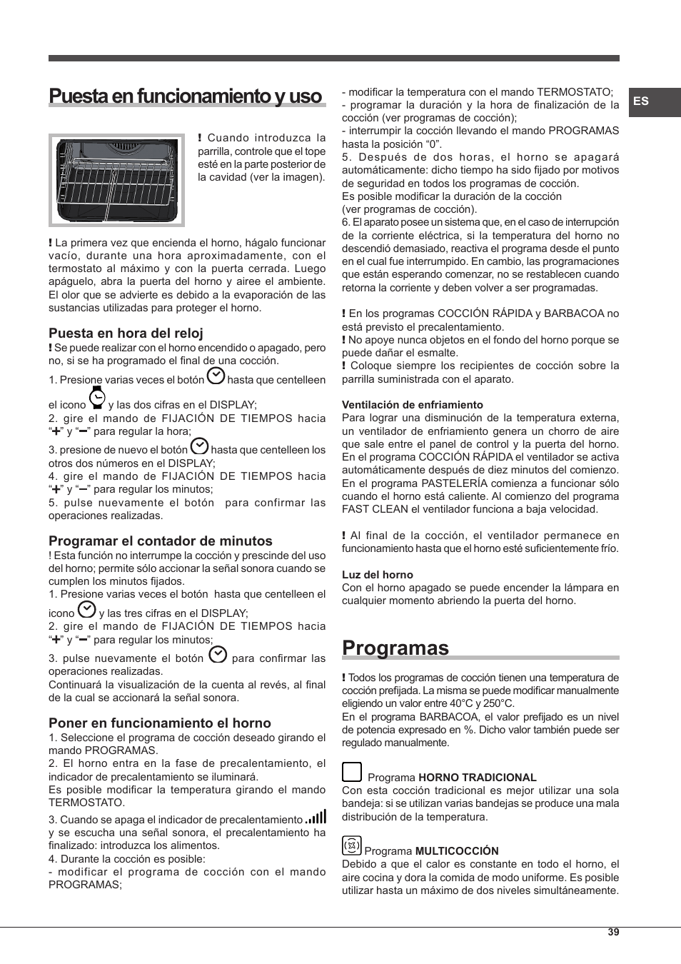 Puesta en funcionamiento y uso, Programas, Puesta en hora del reloj | Programar el contador de minutos, Poner en funcionamiento el horno | Hotpoint Ariston Style FH 89 P IX-HA S User Manual | Page 39 / 56