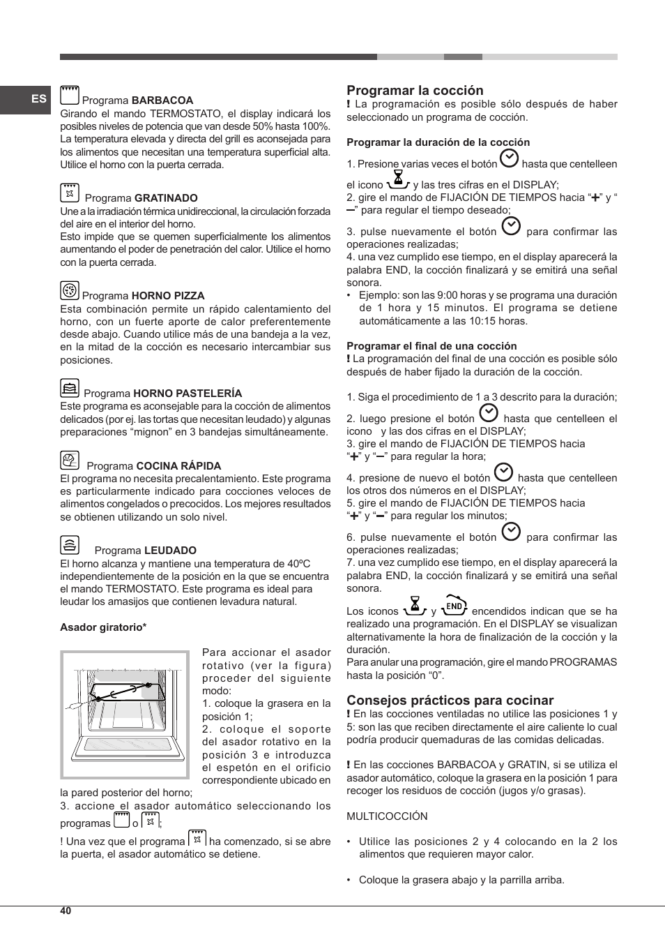 Programar la cocción, Consejos prácticos para cocinar | Hotpoint Ariston Style FH 89 P IX-HA S User Manual | Page 40 / 56