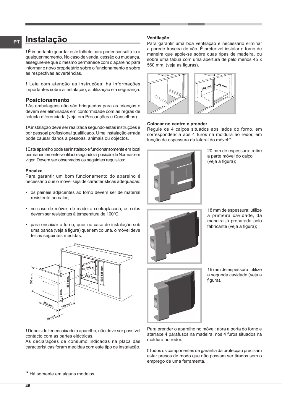 Instalação, Posicionamento | Hotpoint Ariston Style FH 89 P IX-HA S User Manual | Page 46 / 56