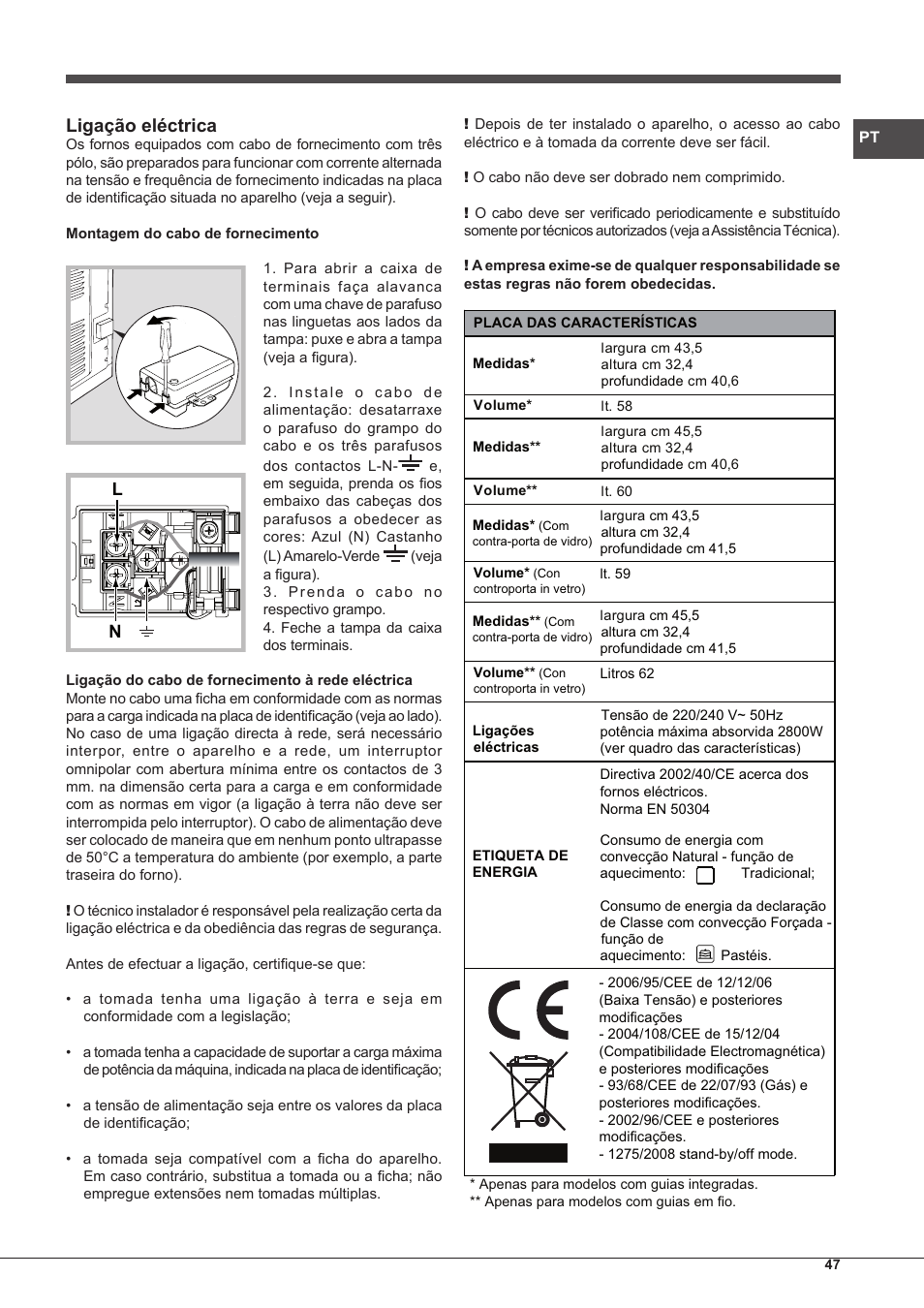 Ligação eléctrica | Hotpoint Ariston Style FH 89 P IX-HA S User Manual | Page 47 / 56