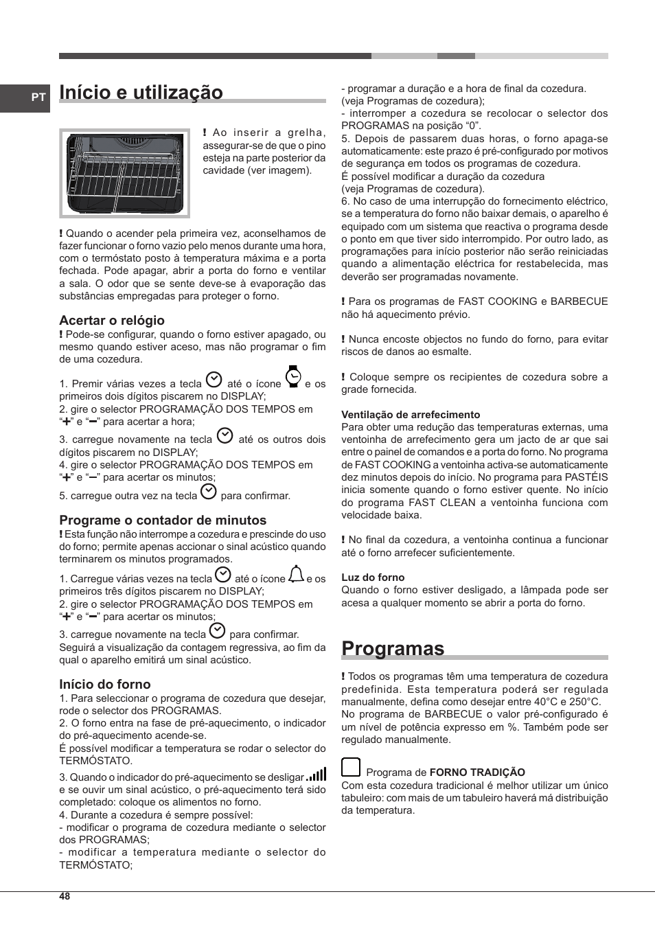 Início e utilização, Programas, Acertar o relógio | Programe o contador de minutos, Início do forno | Hotpoint Ariston Style FH 89 P IX-HA S User Manual | Page 48 / 56