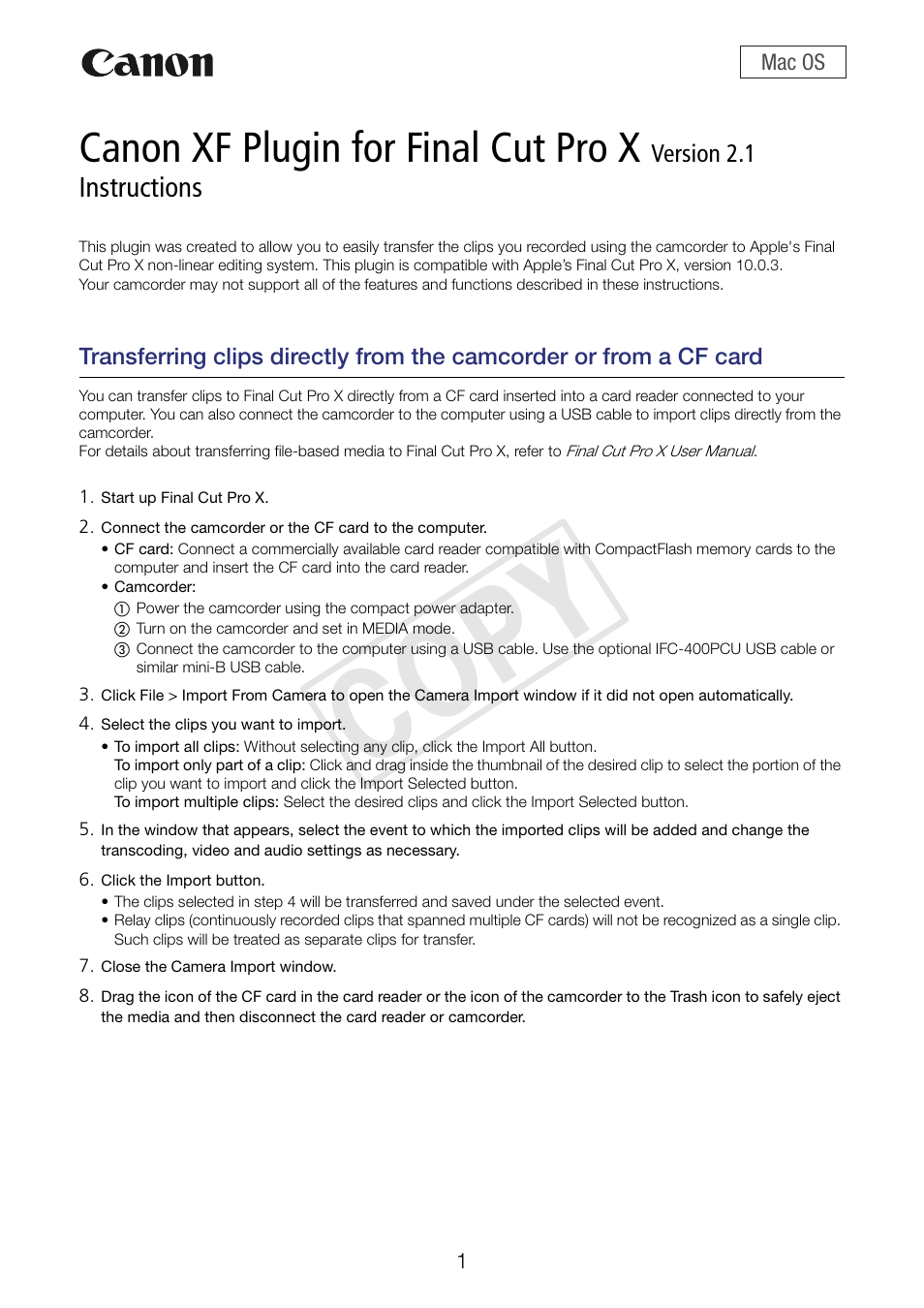 Canon XF305 User Manual | 2 pages