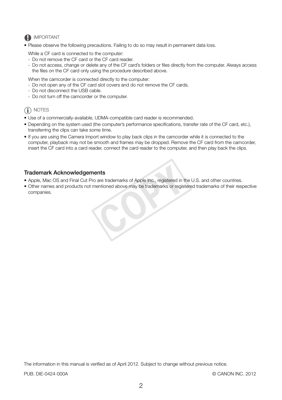 Cop y | Canon XF305 User Manual | Page 2 / 2