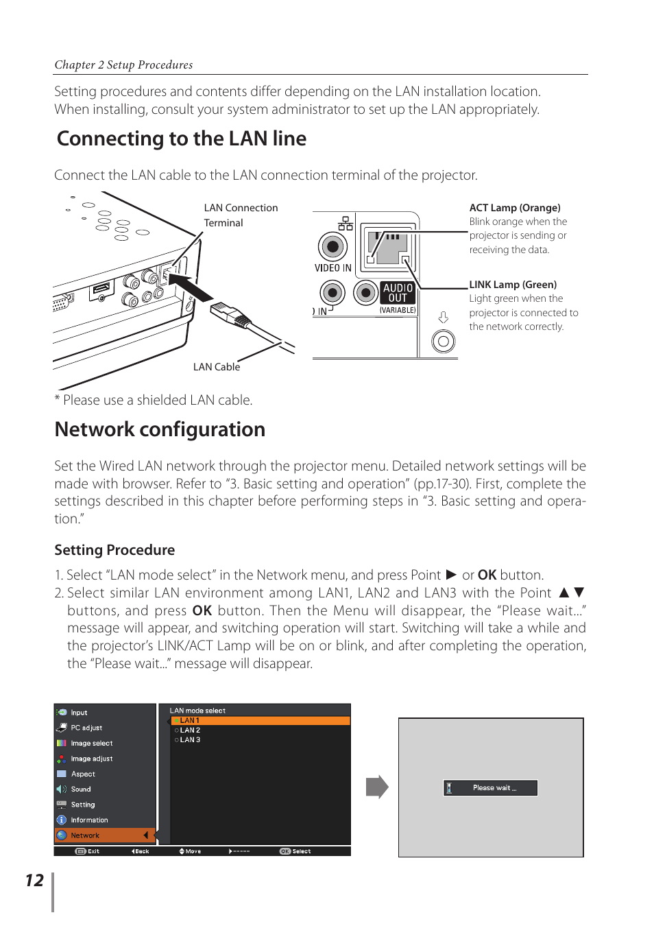 Connecting to the lan line, Network configuration | Canon LV-7392A User Manual | Page 12 / 60