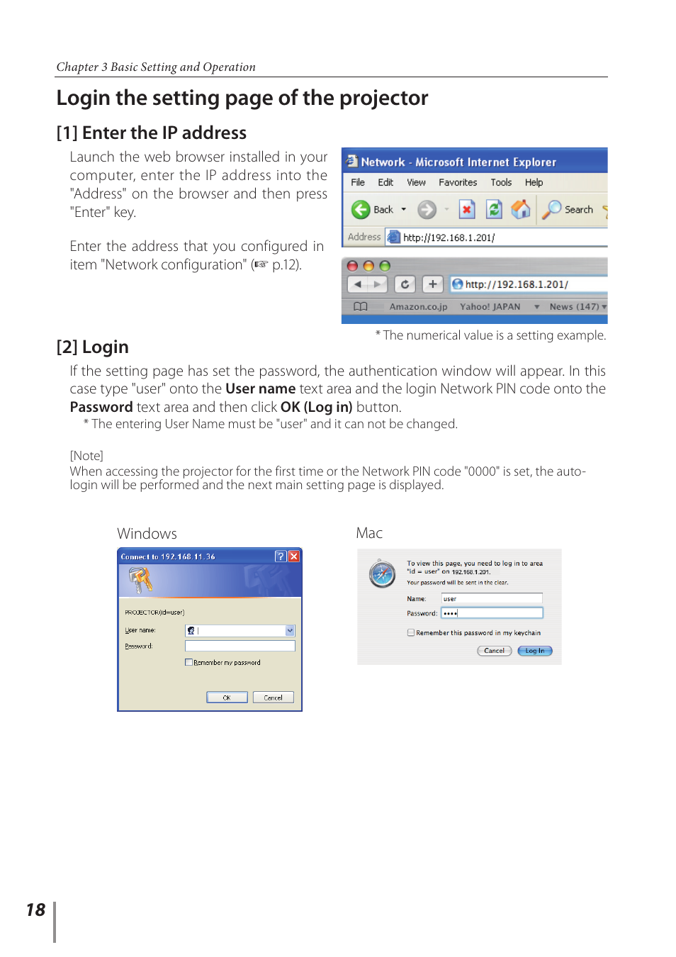 1] enter the ip address, 2] login, Login the setting page of the projector | Canon LV-7392A User Manual | Page 18 / 60