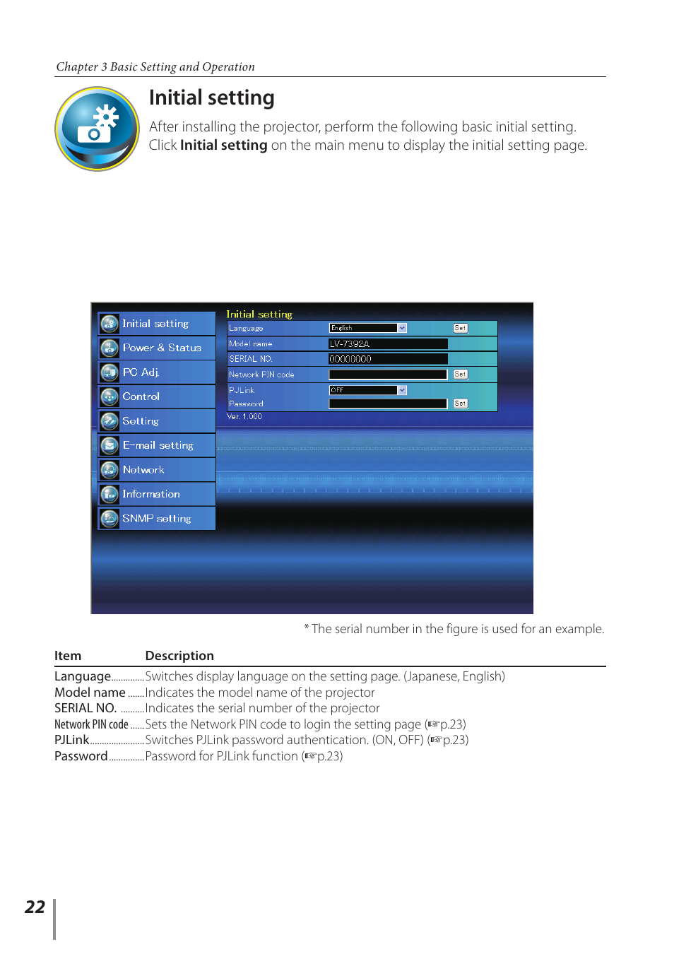 Initial setting | Canon LV-7392A User Manual | Page 22 / 60