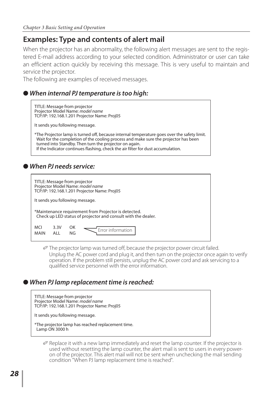 Examples: type and contents of alert mail, When pj lamp replacement time is reached, When pj needs service | When internal pj temperature is too high | Canon LV-7392A User Manual | Page 28 / 60