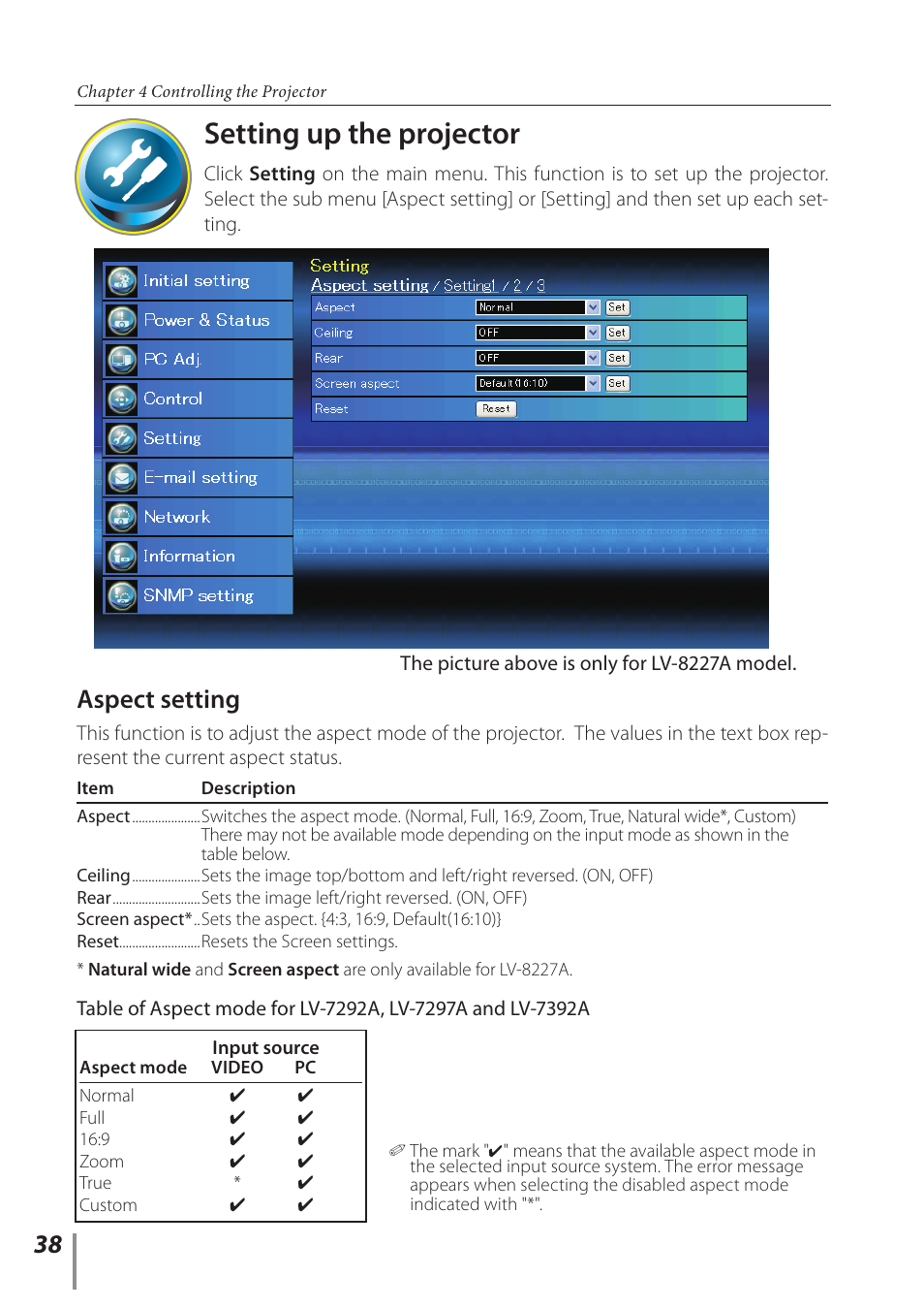 Setting up the projector, Aspect setting | Canon LV-7392A User Manual | Page 38 / 60