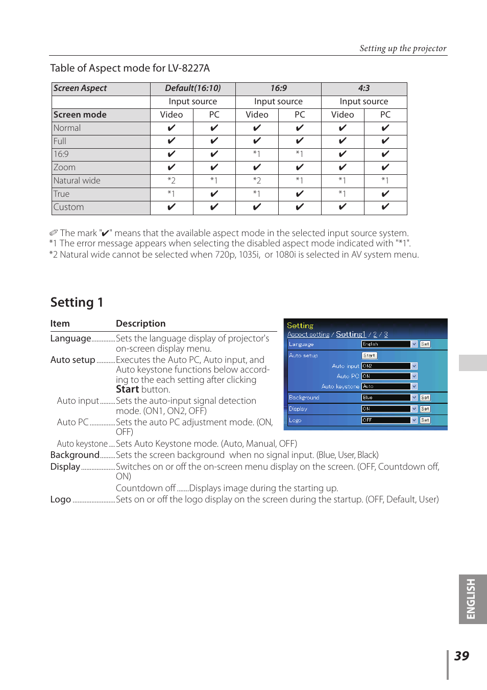 Setting 1 | Canon LV-7392A User Manual | Page 39 / 60