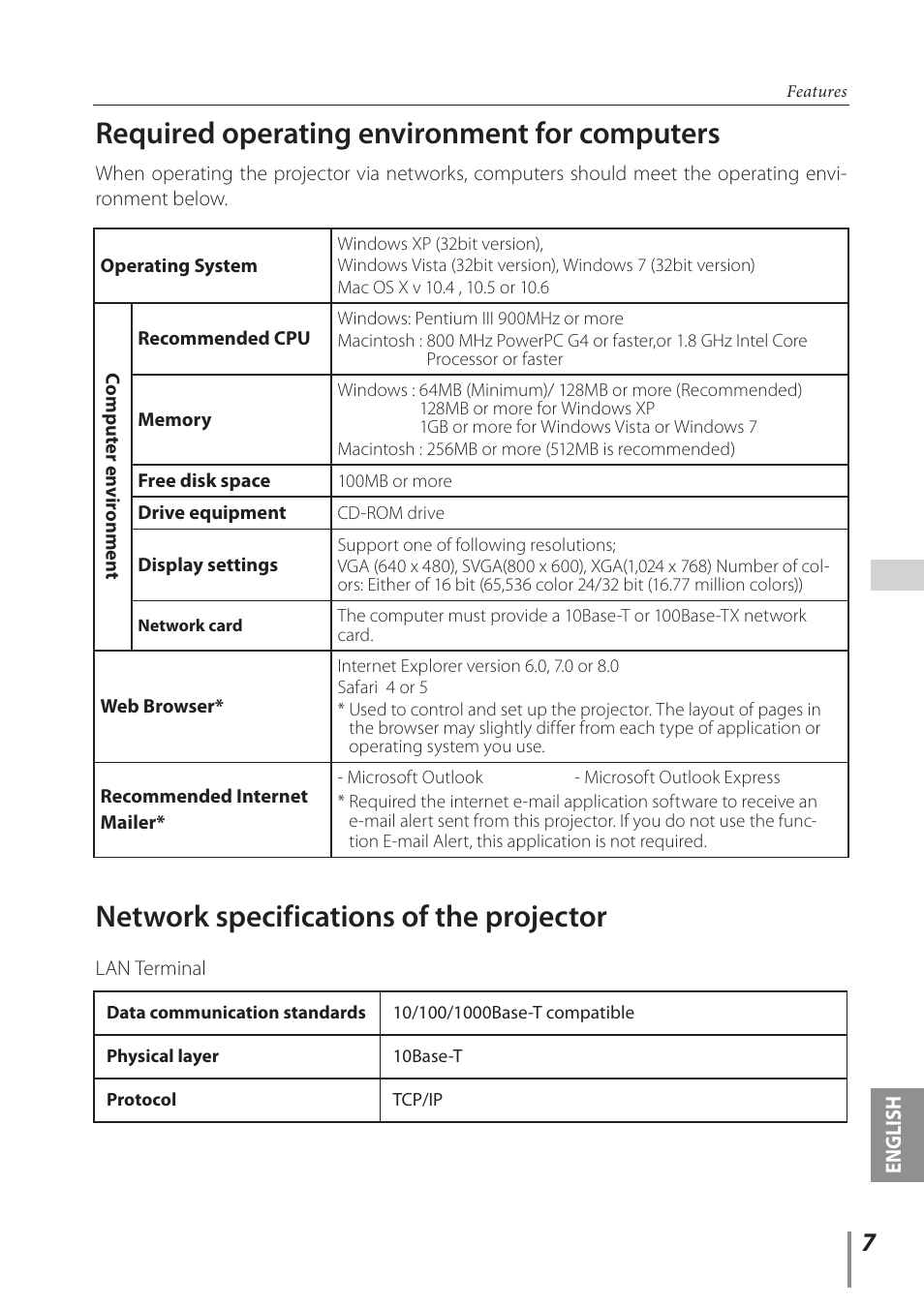 Required operating environment for computers, Network specifications of the projector | Canon LV-7392A User Manual | Page 7 / 60