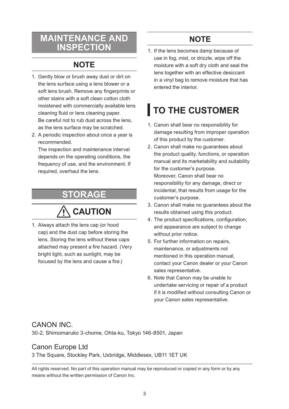 Maintenance and inspection, Storage, Caution | Canon inc, Canon europe ltd | Canon CN-E30-300mm T2.95-3.7 L SP User Manual | Page 16 / 41