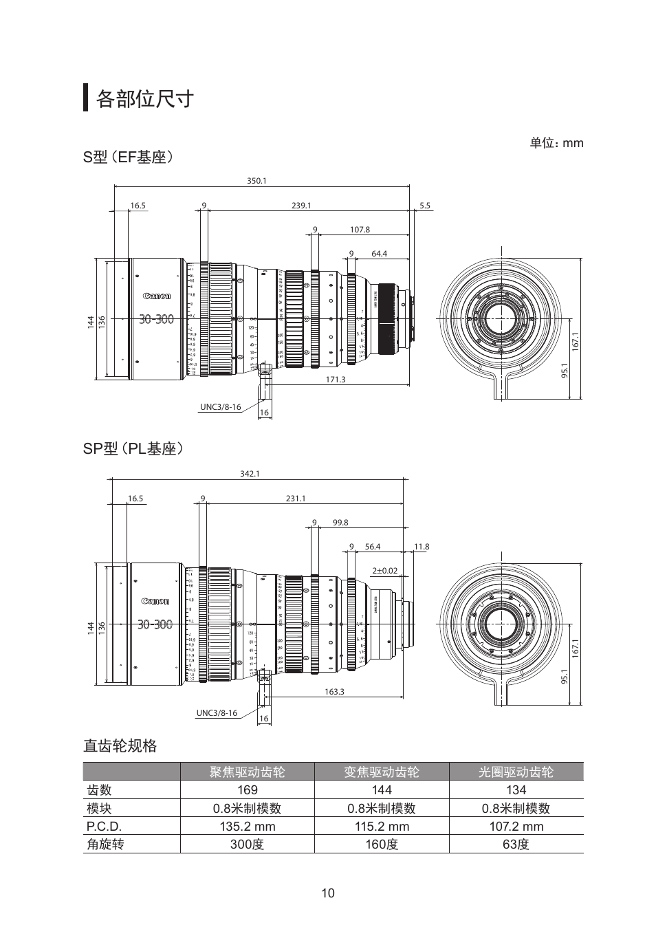 各部位尺寸, S型（ef基座, Sp型（pl基座 | 直齿轮规格 | Canon CN-E30-300mm T2.95-3.7 L SP User Manual | Page 35 / 41
