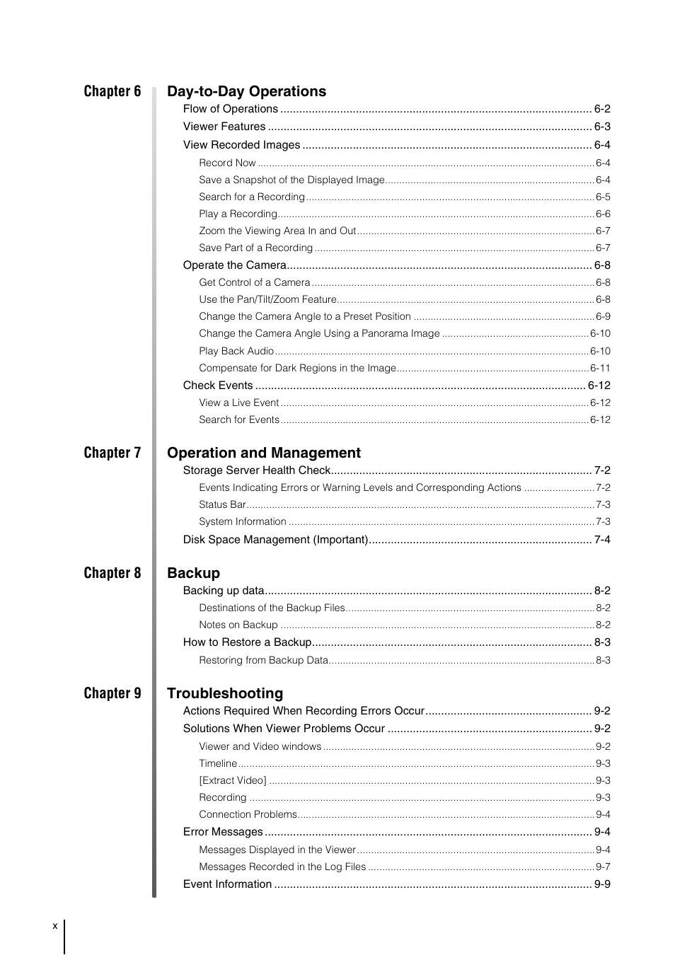 Chapter 6 day-to-day operations, Chapter 7 operation and management, Chapter 8 backup | Chapter 9 troubleshooting | Canon VB-M600D User Manual | Page 10 / 104