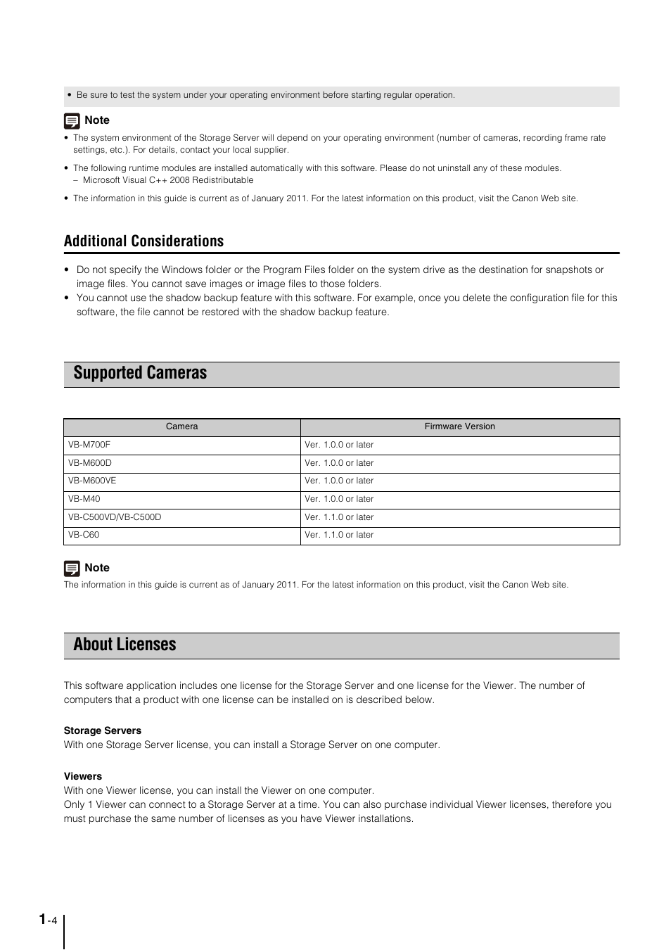 Additional considerations, Supported cameras, About licenses | Additional considerations -4, Supported cameras -4, About licenses -4 | Canon VB-M600D User Manual | Page 16 / 104