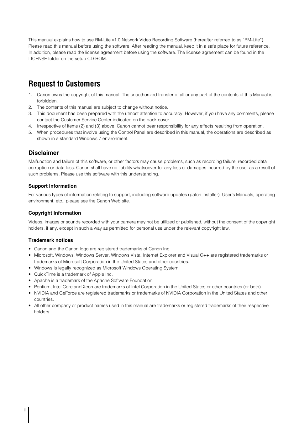 Request to customers, Disclaimer | Canon VB-M600D User Manual | Page 2 / 104