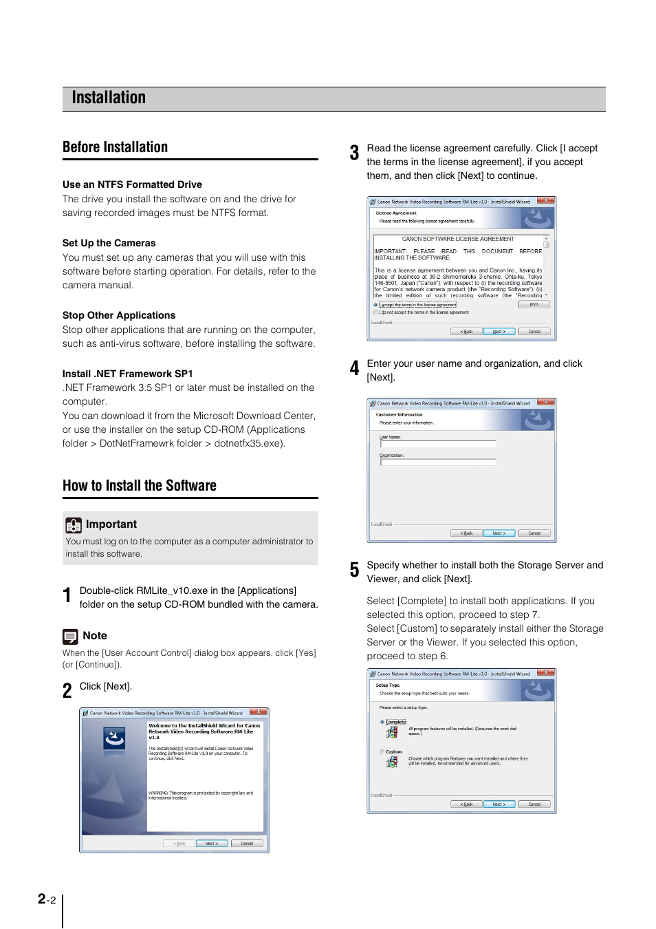 Installation, Before installation, How to install the software | Installation -2, Before installation -2, How to install the software -2 | Canon VB-M600D User Manual | Page 24 / 104