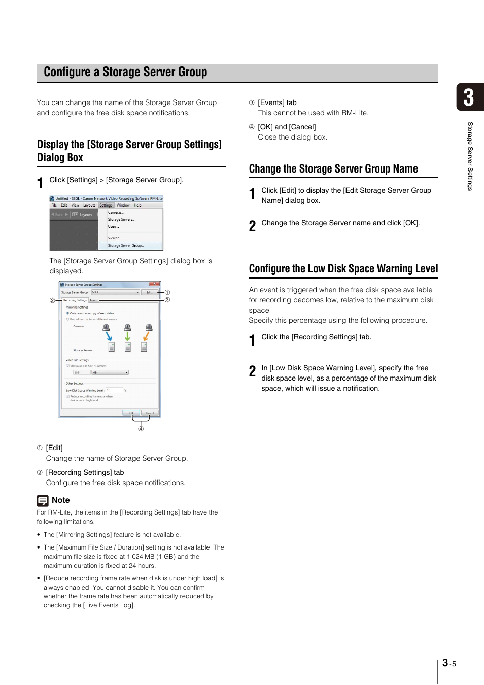 Configure a storage server group, Change the storage server group name, Configure the low disk space warning level | Configure a storage server group -5, Change the storage server group name -5, Configure the low disk space warning level -5, X (p. 3-5), P. 3-5) | Canon VB-M600D User Manual | Page 33 / 104