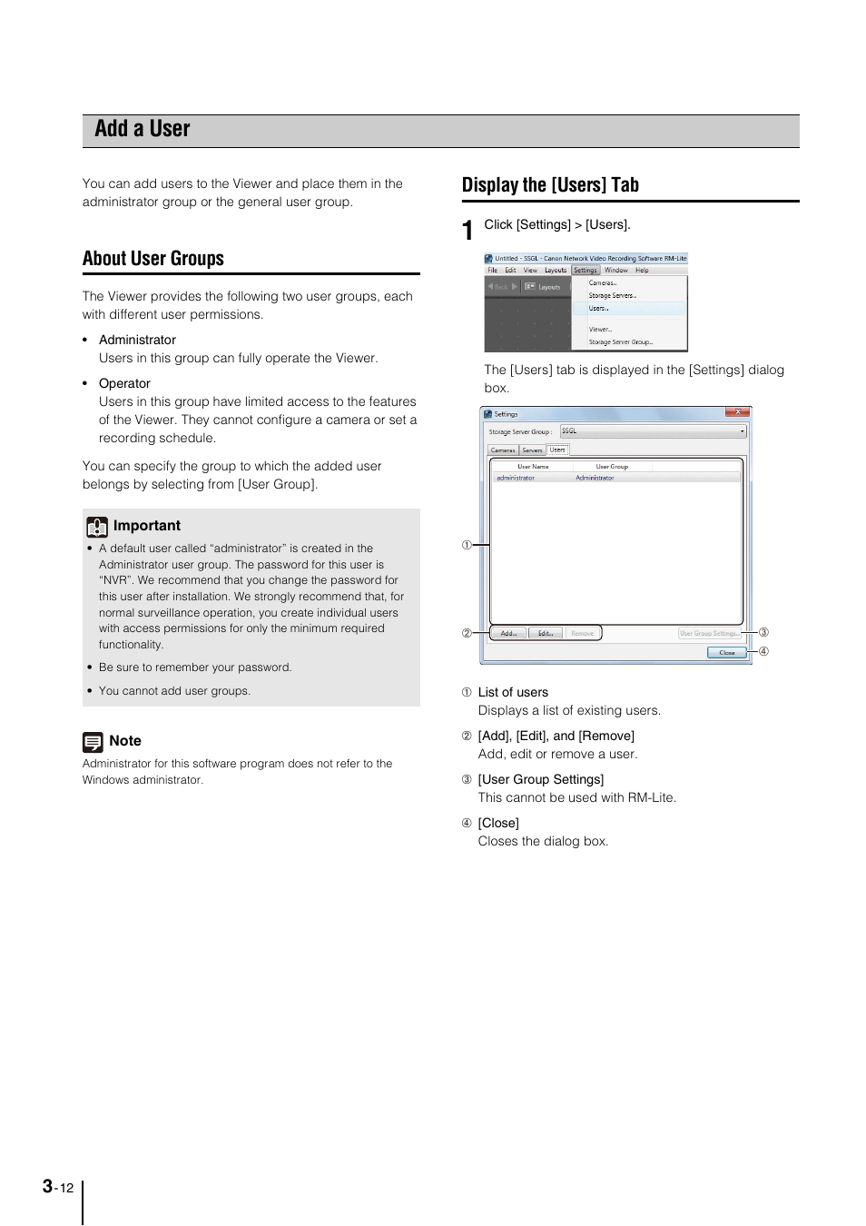 Add a user, About user groups, Display the [users] tab | Add a user -12, About user groups -12, Display the [users] tab -12, P. 3-12), See “add a user” (p. 3-12) | Canon VB-M600D User Manual | Page 40 / 104