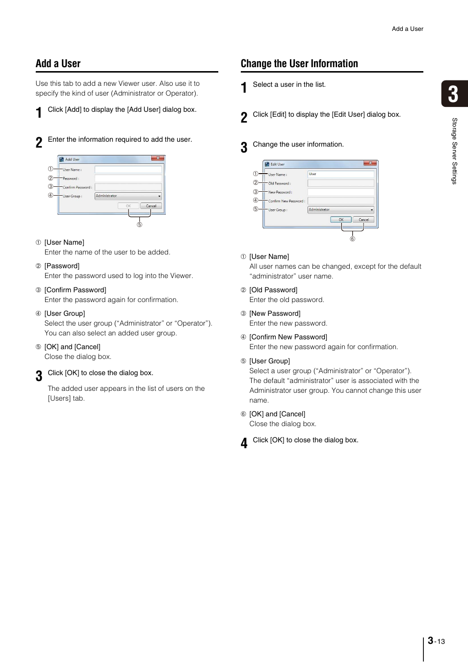 Add a user, Change the user information, Add a user -13 | Change the user information -13, A user (p. 3-13) | Canon VB-M600D User Manual | Page 41 / 104