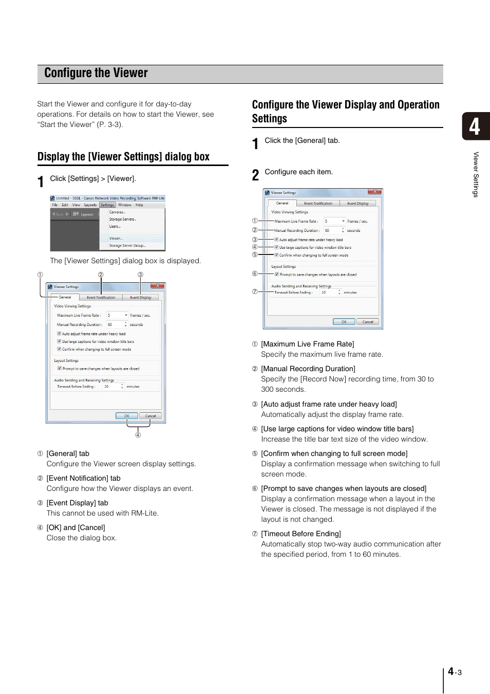 Configure the viewer, Display the [viewer settings] dialog box, Configure the viewer -3 | Display the [viewer settings] dialog box -3, P. 4-3) | Canon VB-M600D User Manual | Page 45 / 104