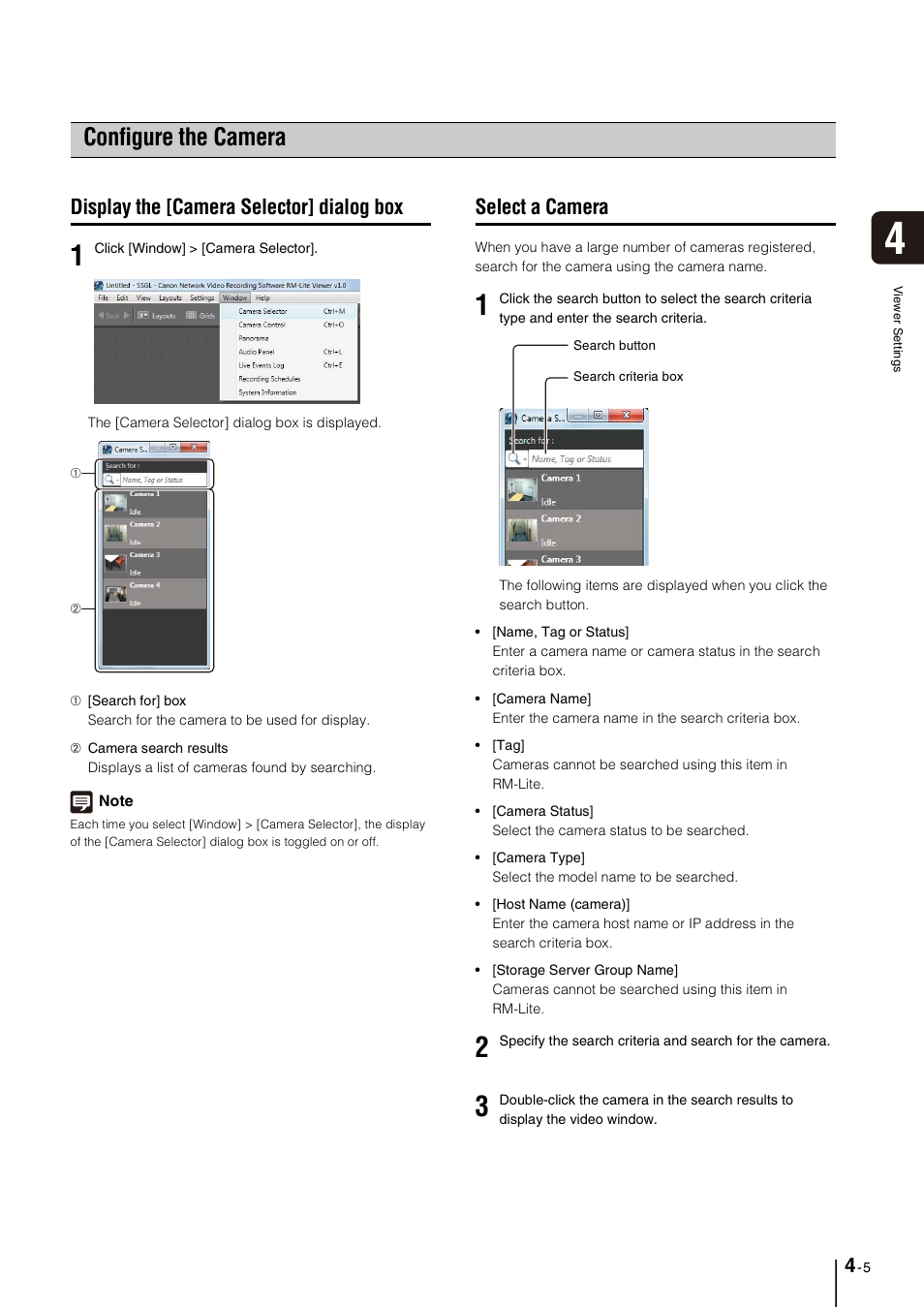 Configure the camera, Display the [camera selector] dialog box, Select a camera | Configure the camera -5, Display the [camera selector] dialog box -5, Select a camera -5, P. 4-5) | Canon VB-M600D User Manual | Page 47 / 104