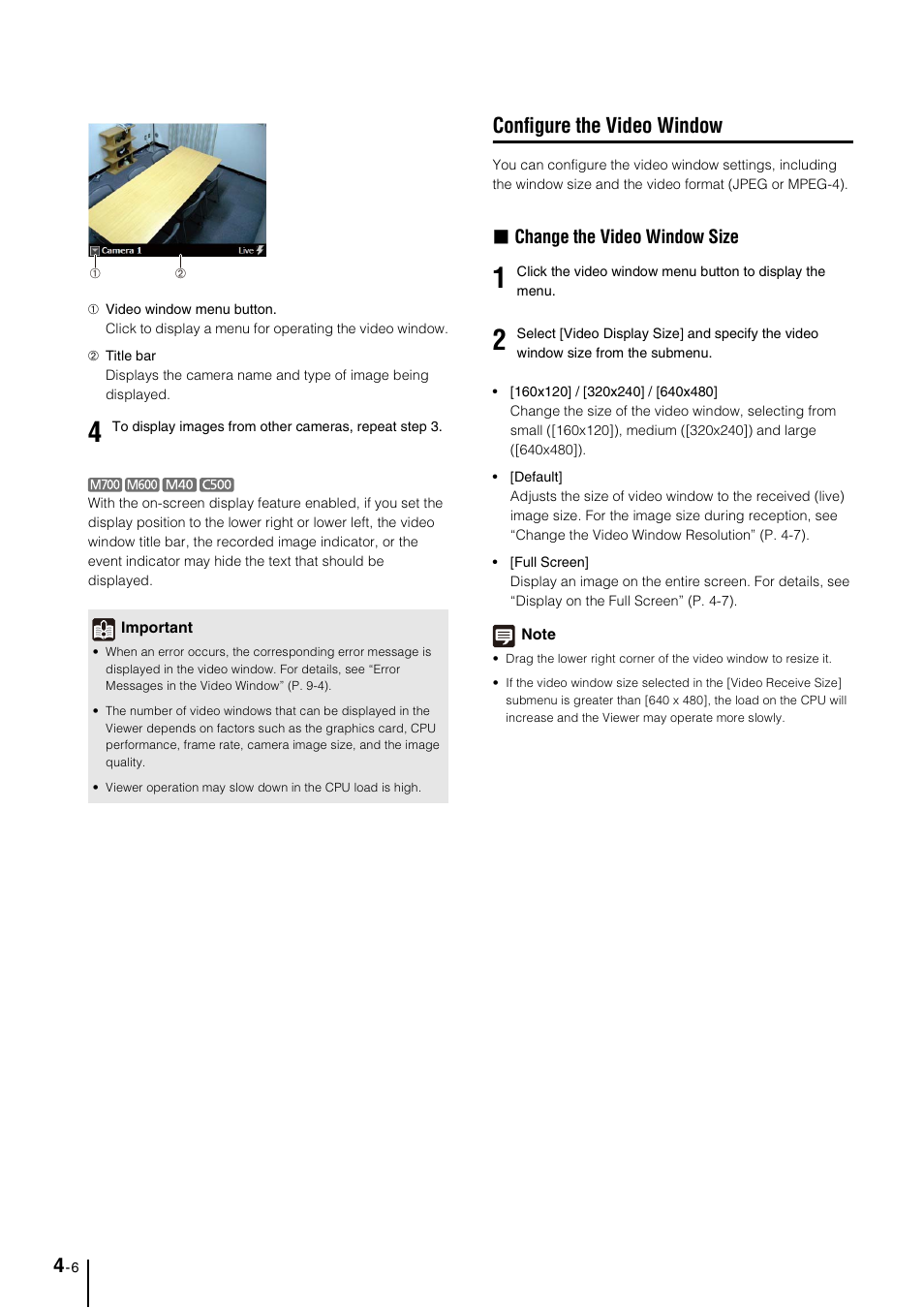 Configure the video window, Configure the video window -6, W (p. 4-6) | Change the video window size | Canon VB-M600D User Manual | Page 48 / 104