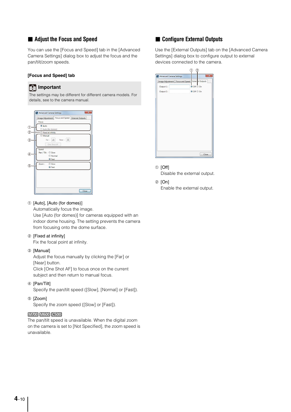Adjust the focus and speed, Configure external outputs | Canon VB-M600D User Manual | Page 52 / 104