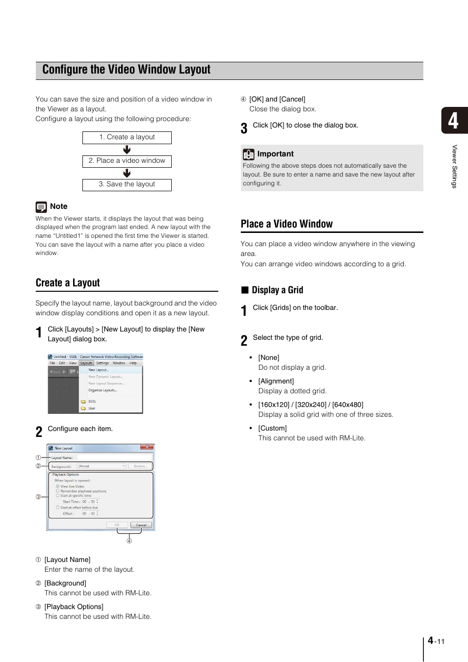 Configure the video window layout, Create a layout, Place a video window | Configure the video window layout -11, Create a layout -11, Place a video window -11, P. 4-11), Ow (p. 4-11) | Canon VB-M600D User Manual | Page 53 / 104