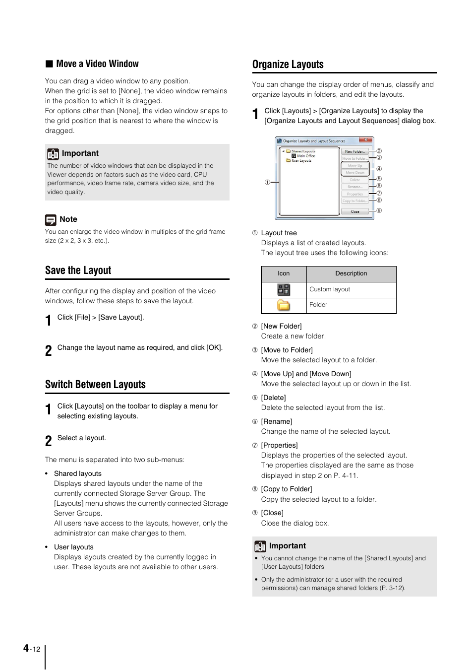 Save the layout, Switch between layouts, Organize layouts | Save the layout -12, Switch between layouts -12, Organize layouts -12, P. 4-12), Move a video window | Canon VB-M600D User Manual | Page 54 / 104