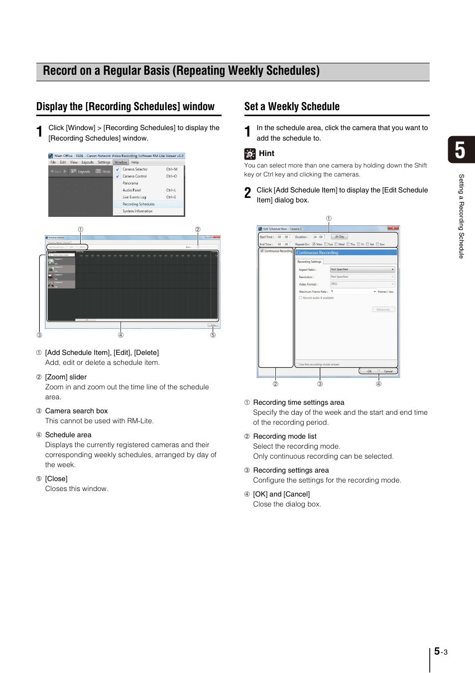 Display the [recording schedules] window, Set a weekly schedule, Display the [recording schedules] window -3 | Set a weekly schedule -3, P. 5-3), P. 5-3 | Canon VB-M600D User Manual | Page 59 / 104