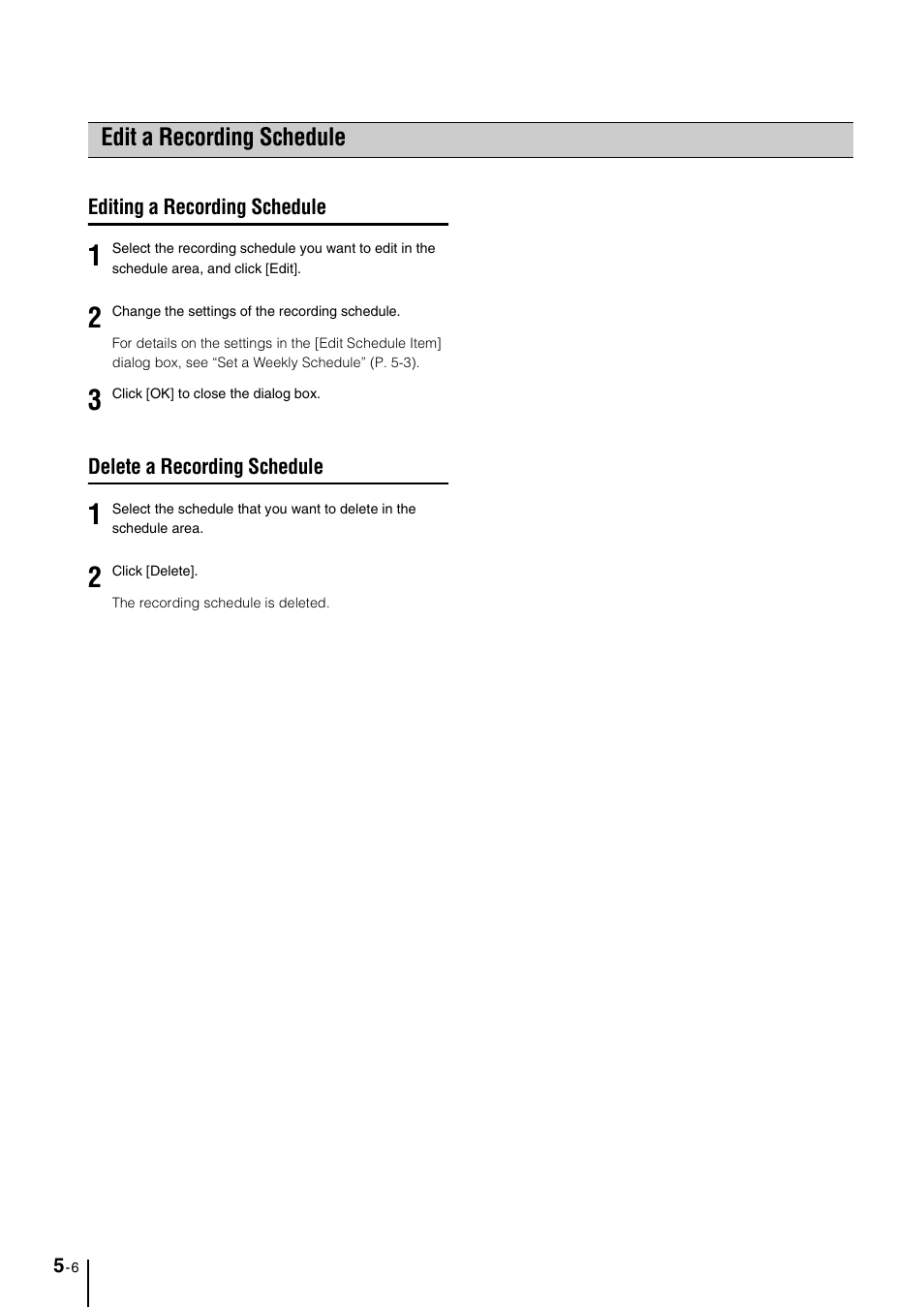 Edit a recording schedule, Editing a recording schedule, Delete a recording schedule | Edit a recording schedule -6, Editing a recording schedule -6, Delete a recording schedule -6, P. 5-6) | Canon VB-M600D User Manual | Page 62 / 104