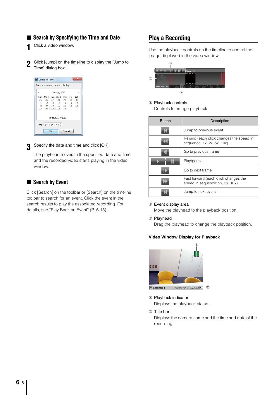 Play a recording, Play a recording -6, P. 6-6) | Search by specifying the time and date, Search by event | Canon VB-M600D User Manual | Page 68 / 104