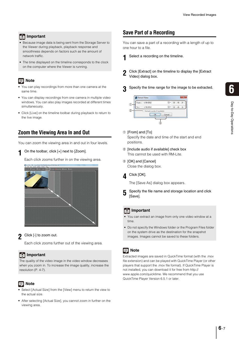Zoom the viewing area in and out, Save part of a recording, Zoom the viewing area in and out -7 | Save part of a recording -7, P. 6-7) | Canon VB-M600D User Manual | Page 69 / 104
